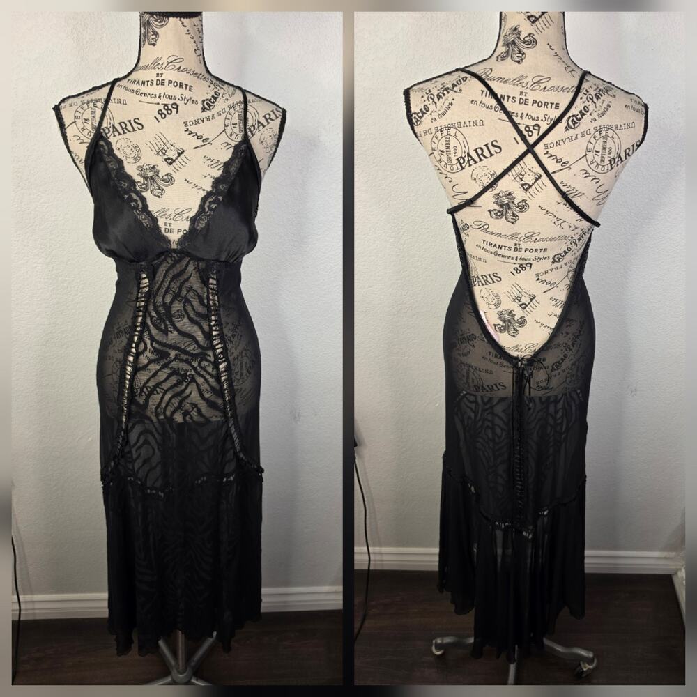 Victorias Secret Midi Slip Dress M Satin Lace Trim Black Strappy Open Back Vtg